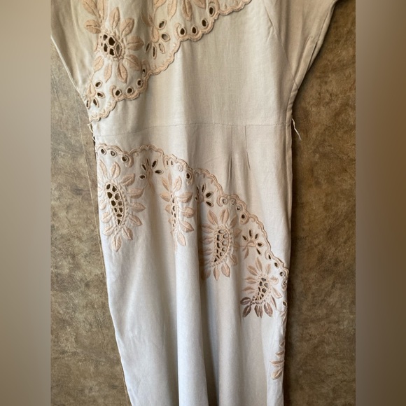 Vintage Original Franklin Embroidered Cutouts Shift Wiggle Dress M Linen Beige - Picture 4 of 16